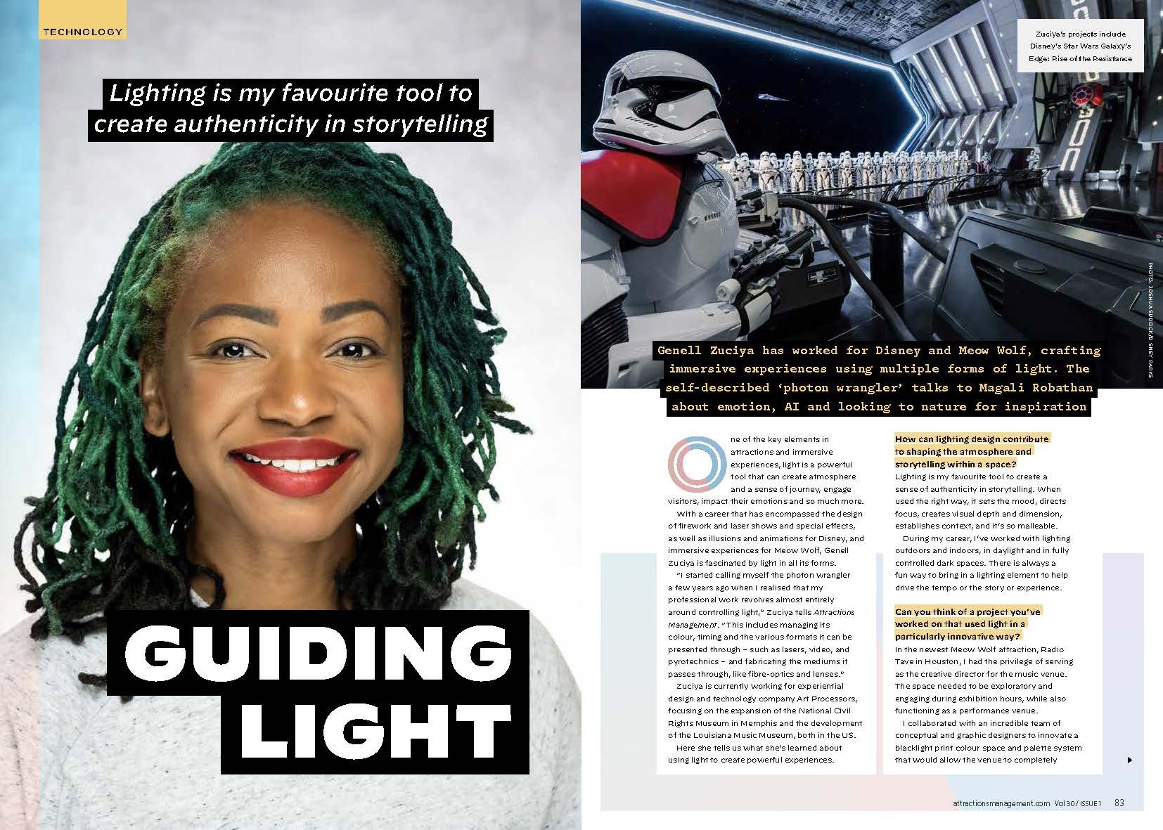 Magazine spread titled Guiding Light, with a portrait of Genell Zuciya and a photo from Star Wars: Rise of the Resistance