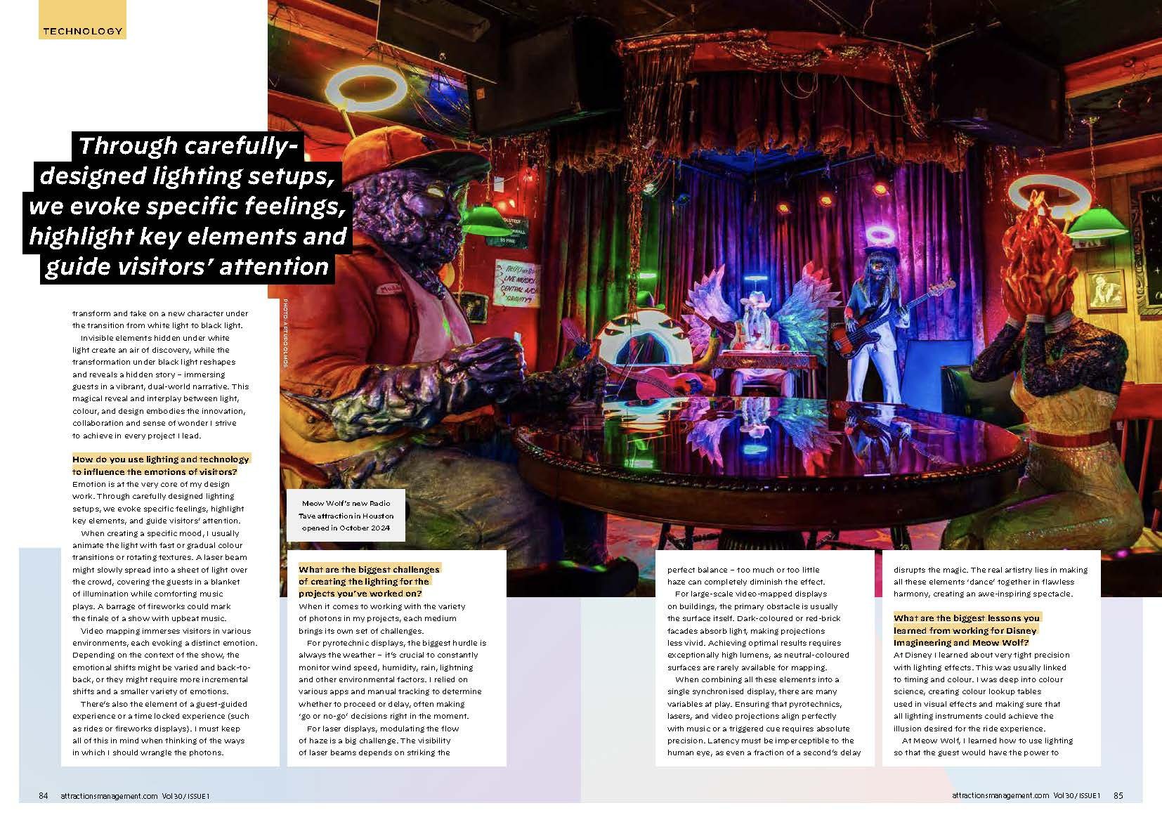 Magazine spread with a photo of Meow Wolf's Radio Tave bar and interview text