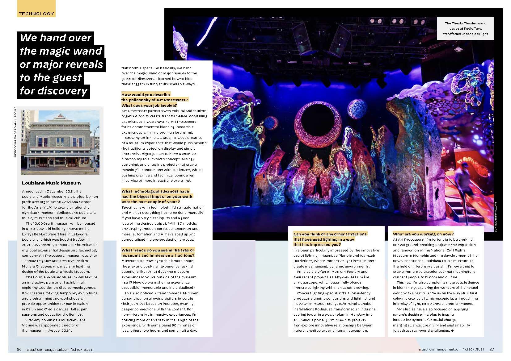 Magazine spread with the Theta Theater under black light and a sidebar on the Louisiana Music Museum