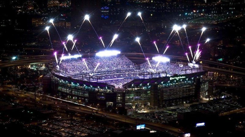 Aerial view of M&T Bank Stadium ringed with fireworks
